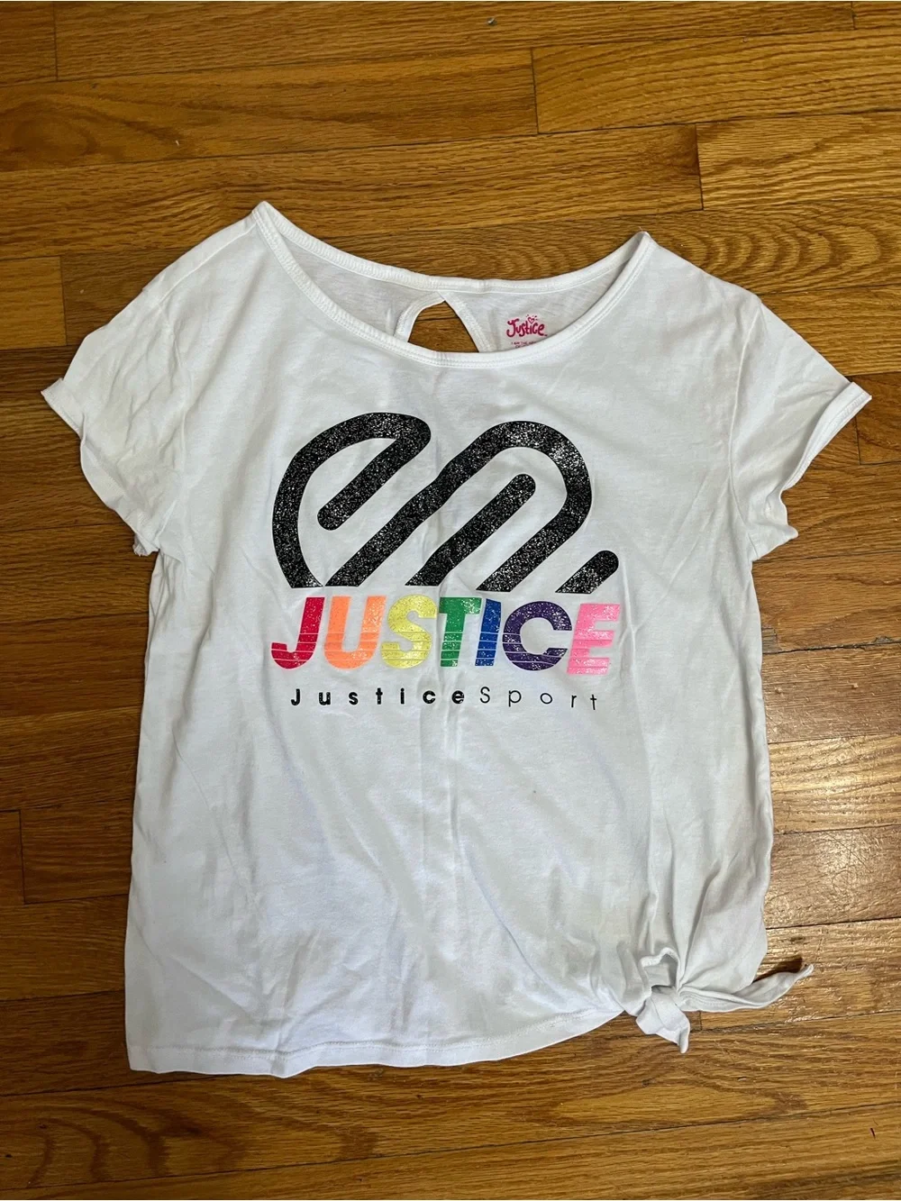 Justice White Short Sleeve Tee with Rainbow Logo